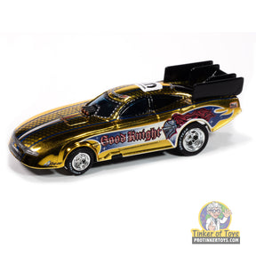 Gold Dodge Charger toy car, Good Knight livery, collectible slot car for Auto World SC421