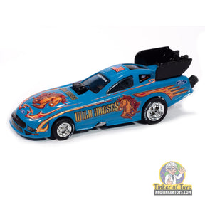 Blue Ford Mustang toy car with "Wild Horses" graphics for Auto World SC421