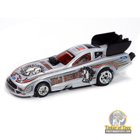 Silver Ford Mustang toy car with "Wild Horses" graphics for Auto World SC421