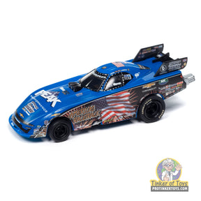 Blue slot car of a 2023 Chevy Camaro Funny Car race car for Auto World SC405, front view
