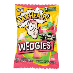 Yellow and pink candy bag featuring a cartoon face and "Warheads Wedgies" text for Nassau Candy 51293