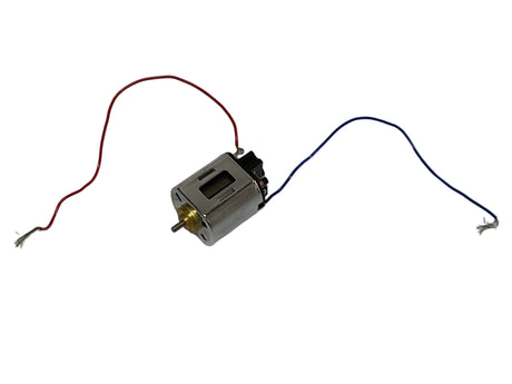 Small silver DC motor with attached red and blue wires for Mabuchi MAB0001