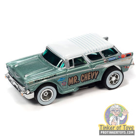 Green 57 Chevy Nomad toy car with "Mr. Chevy" lettering for Auto World CP8043
