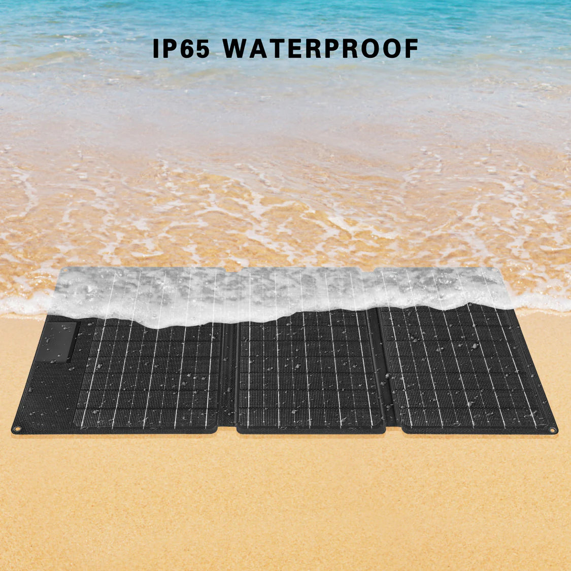 Foldable, waterproof solar panel laid on sand near the ocean for RockSolar RSSP30