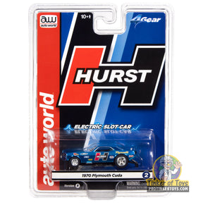Blue 1970 Plymouth Barracuda drag car electric slot car set for Auto World SC422