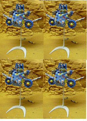 Four miniature blue jet units displayed on stands against a yellow backdrop for Robogear 6005