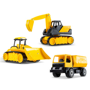 Yellow construction toy set: loader, excavator, and dump truck for Schylling 6310