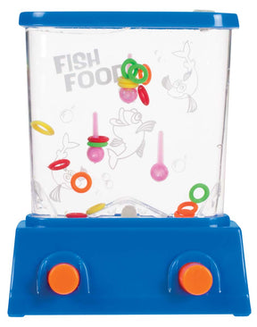 Water arcade game with fish food dispenser and colorful plastic toys for Toysmith 6868