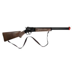 Black replica rifle with brown stock and attached black strap for Gonher 97/6
