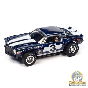Blue and white 70s Chevy Camaro Z28 slot car toy car for Auto World CP8047