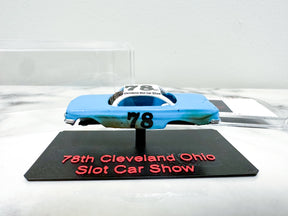 Blue 1961 Chevy Impala model car on a display plaque for the 78th Cleveland Slot Car Show