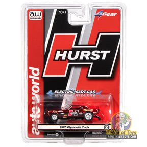 Red 1970 Plymouth Barracuda drag race slot car in packaging for Auto World SC422
