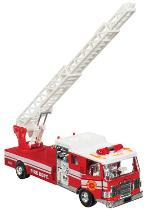 Red toy fire engine with extended ladder, ready for play for Toysmith 8001