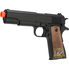 Black airsoft pistol with orange muzzle and brown grip for Evike AP-6mm-M21