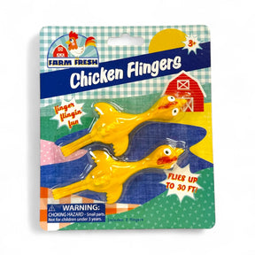 Yellow plastic chicken toys for throwing, packaged on a card for Toysmith 8096