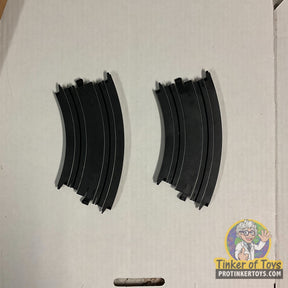 Two curved black track pieces for racing, 9" radius, quick-click assembly for Tyco 6706