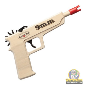 Wooden 9mm pistol toy with red projectile, ready for play for Magnum Rubber Band Guns GL29MM