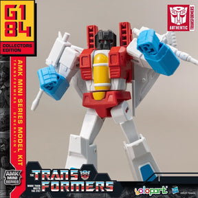 White, red, and blue robot model kit, assembled and ready for display for Hasbro YPAMKG1SC