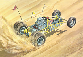 Dragster speeding across sand dunes, kicking up dust for AMT AMT1285