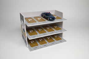 Three-story diecast parking lot diorama with a police car for Shou Cang Jia IMX2581