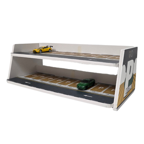 Two-story diecast parking garage diorama with yellow and green cars for Shou Cang Jia IMX2576