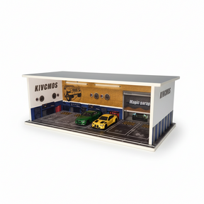 Diecast garage diorama with two cars parked inside the repair shop scene for Shou Cang Jia IMX2560