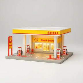 Diecast model of a lit gas station with pumps and store facade for Shou Cang Jia IMX2567