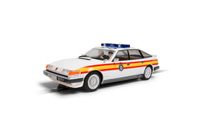 White and red police car model, Rover SD1, with blue light bar for Scalextric C4342