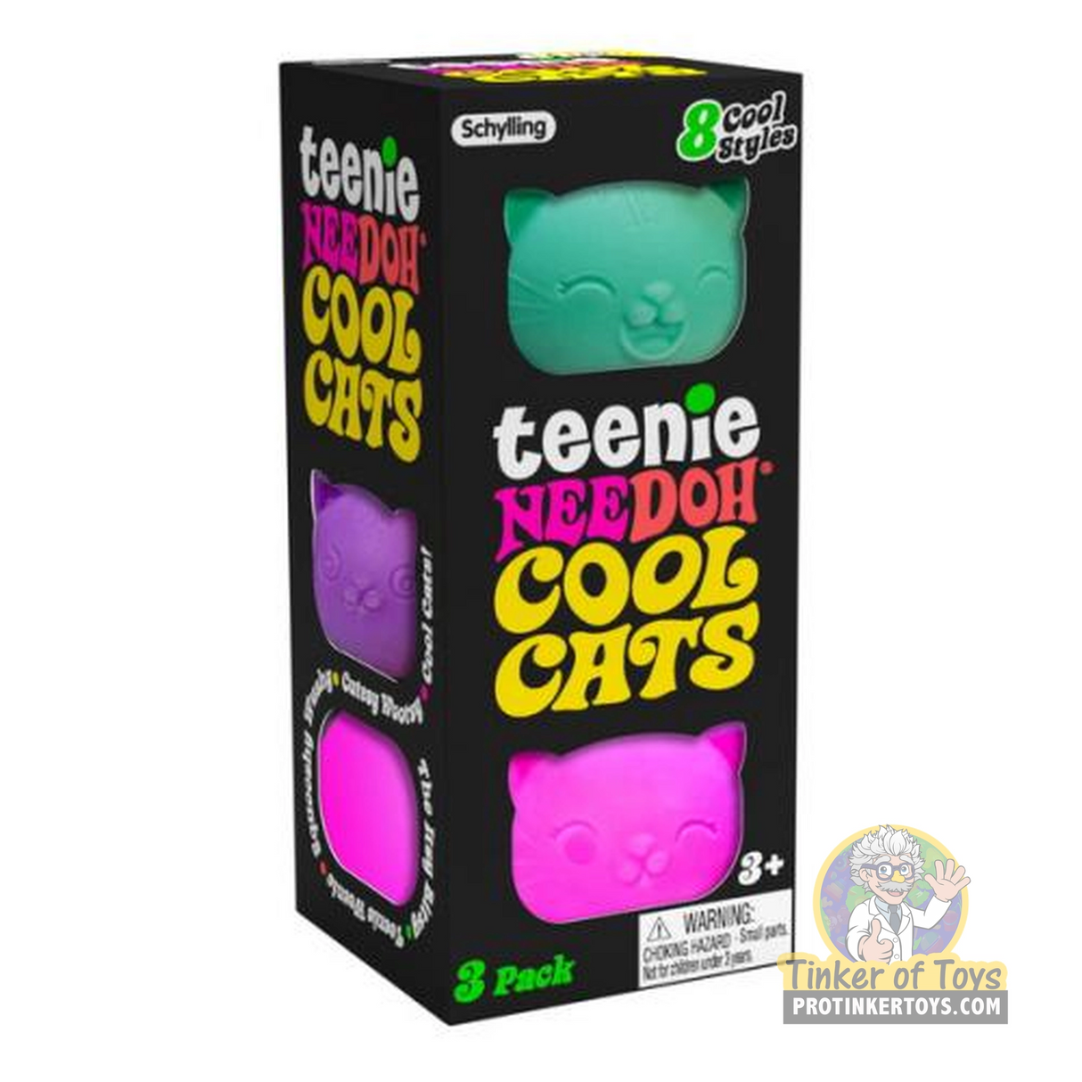 Three squishy, pastel-colored cat toys in a box for Schylling CCTND