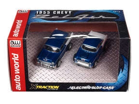 Two 1955 Chevy cars in a box set: blue and white models for Auto World CP7988