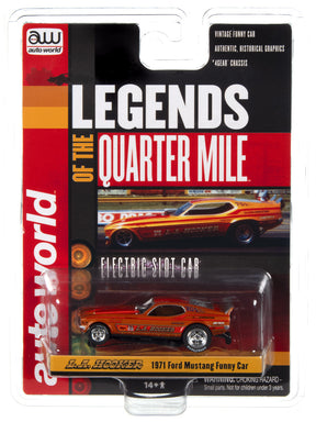 Red and yellow 1971 Ford Mustang Funny Car electric slot car set for Auto World CP8069