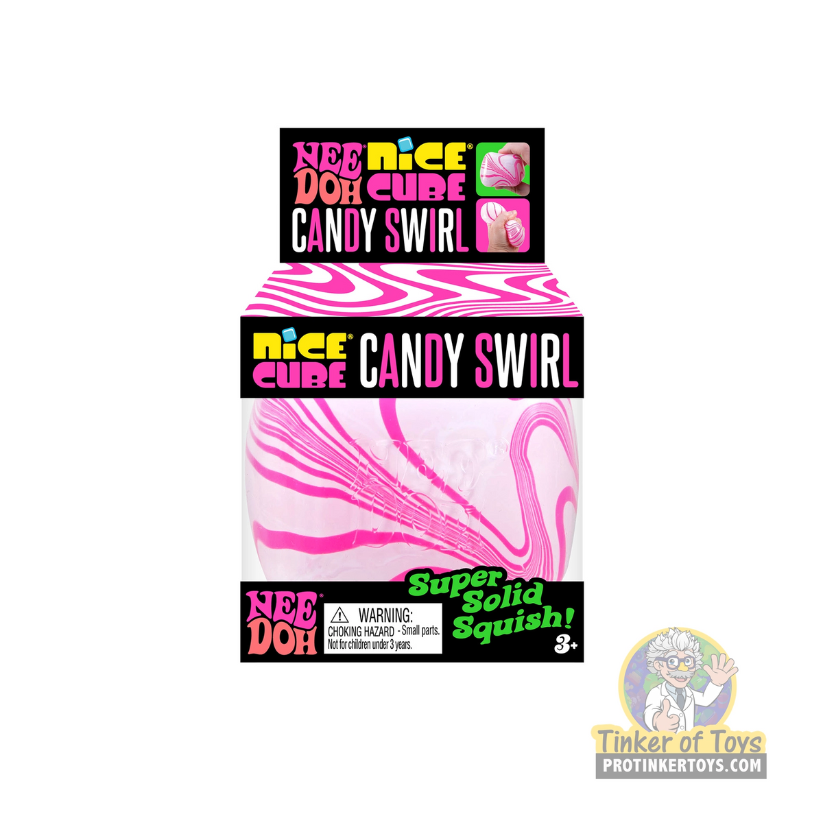 Pink and white swirl toy packaging for a squishy, sensory toy for Schylling CSNCBND