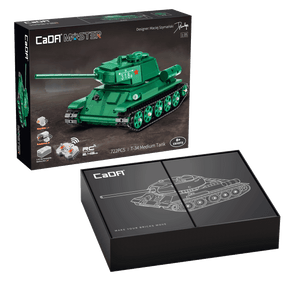 Green T-34 tank model kit box with assembly diagram for CaDA C61072W