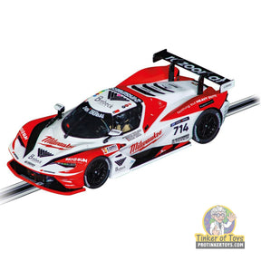 White race car toy on track, featuring "Milwaukee" and "24H Dubai" decals for Carrera Evolution 20027823