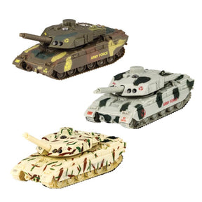 Three diecast tanks: green/brown, gray, and camouflage pattern for Schylling DCTLS