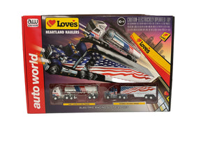 Slot car set featuring Heartland Haulers, including fuel tanker and race trailer for Auto World CP8253
