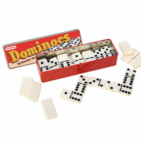 Red box of double six dominoes with scattered tiles for Schylling