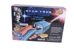 Star Trek Phaser toy blaster, blue and silver, with character art for Playmates 16062