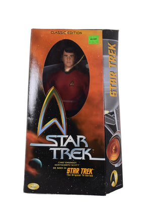 Star Trek toy packaging featuring Chief Engineer Montgomery Scott for Playmates 65222