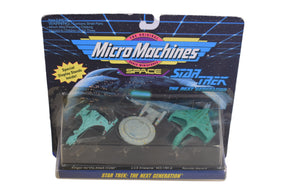 Three Star Trek spacecraft models: Klingon, Enterprise, and Romulan for Galoob Micro Machines 65883