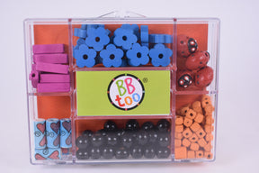 Assortment of alphabet beads and ladybug charms in a clear plastic case for BBTOO 764