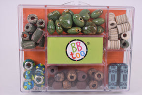 Assortment of hemp beads in a clear plastic storage case for BBTOO 782