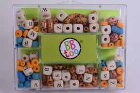 Alphabet bead kit with wooden letters and colorful beads in a clear case for BBTOO 749