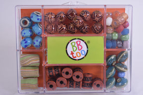 Assortment of colorful hemp beads in a clear plastic storage case for BBTOO 781