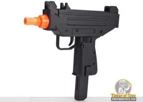 Black airsoft SMG replica with orange muzzle, ready for action for Evike AP-DE-M33