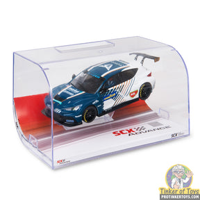 Blue and white Cupra E-Racer model car in clear display case for SCX Advance E10424X300