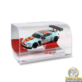 Slot car in clear display case: Gulf livery race car for SCX Advance E10428X300