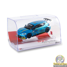 Blue electric race car in clear display case for SCX Advance E10450X300
