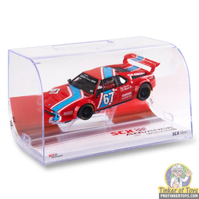 Red BMW M1 race car in clear display case for SCX Advance E10452X300