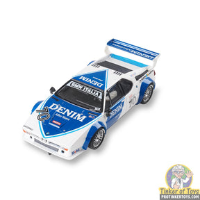 Blue and white BMW M1 toy car with "DENIM" branding for SCX Advance E10453X300